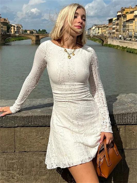 White Lace See-through Mini Dress for High Waist Patchwork Slim Party Dress Gown Dress