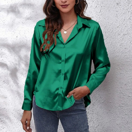 Spring Satin Shirt Loose Button Up Blouse Shirts Imitation Silk Long Sleeve Shirt for Df4972