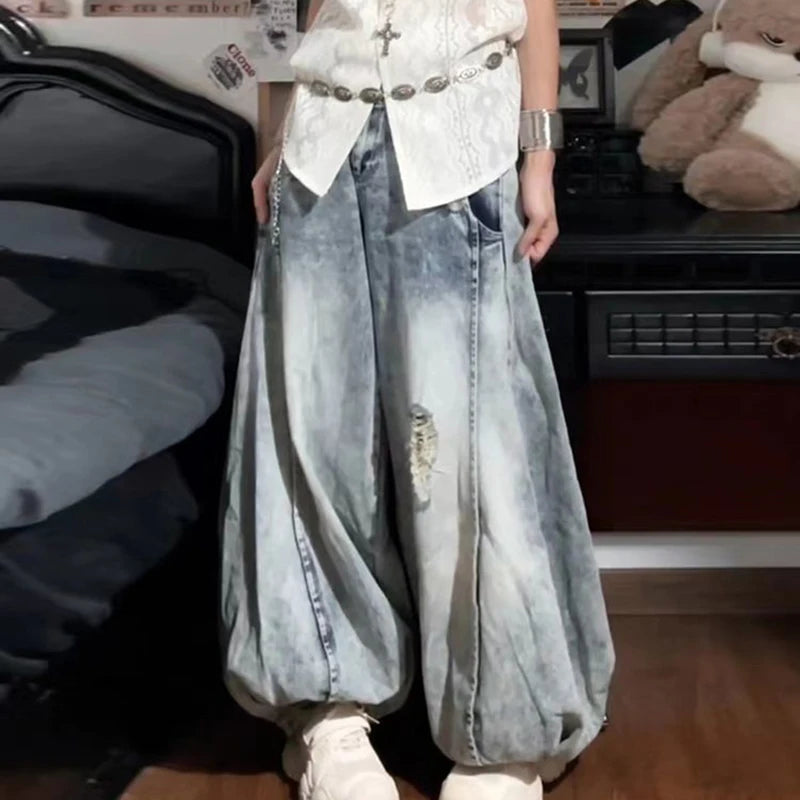 Y2k Jeans Aesthetic Harajuku Baggy Ripped Denim Trousers Summer 2000s Style Bloomers Jean Pants Light Blue