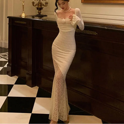 Lace Maxi Dresses for Off Shoulder Bodycon Mermaid Autumn Birthday Evening Party Prom Robe Vestidos Mujer New