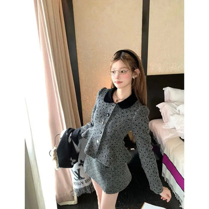Sweet Hot Girl Suit Autumn Winter Polka Dot Short Coat High Waisted Aline Skirt Twopiece Set Female Clothes