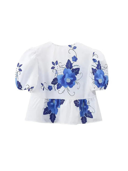 Summer Printed Short Sleeves Shirt Vneck Bow Laceup Cropped Top Female Sweet Blouse Top