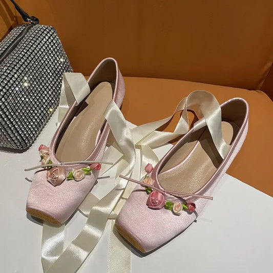 Square Toe Silk Pink Ballet Shoes Flower Lace Up Chunky Heel Shoes