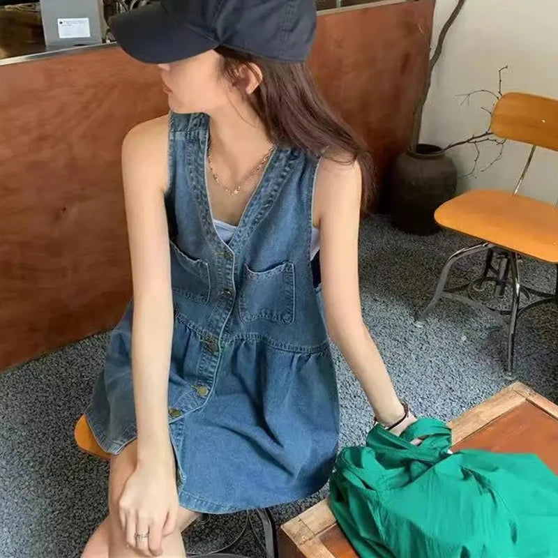 Biyaby Sleeveless Strap Dress Summer Singlebreasted Pockets Denim Dresses Woman Korean Style Loose a Line Mini Dress