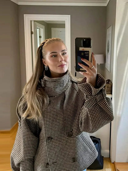 Plaid Double Breasted Street Coat Drop-shoulder Long Sleeve Stand Collar Loose Pocket Jacket Autumn Outwear