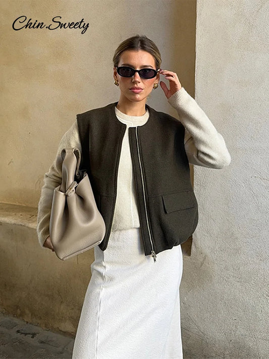 Street Zipper Waistcoat for Zipper O-neck Sleeveless Thick Warm Vest Top Female Spring Lady All-matching Outwear New
