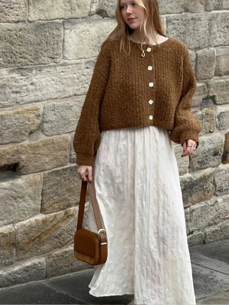 Brown Single Breasted Knitwear O Neck Long Sleeves Loose Sweater New Lady Office Cardigan
