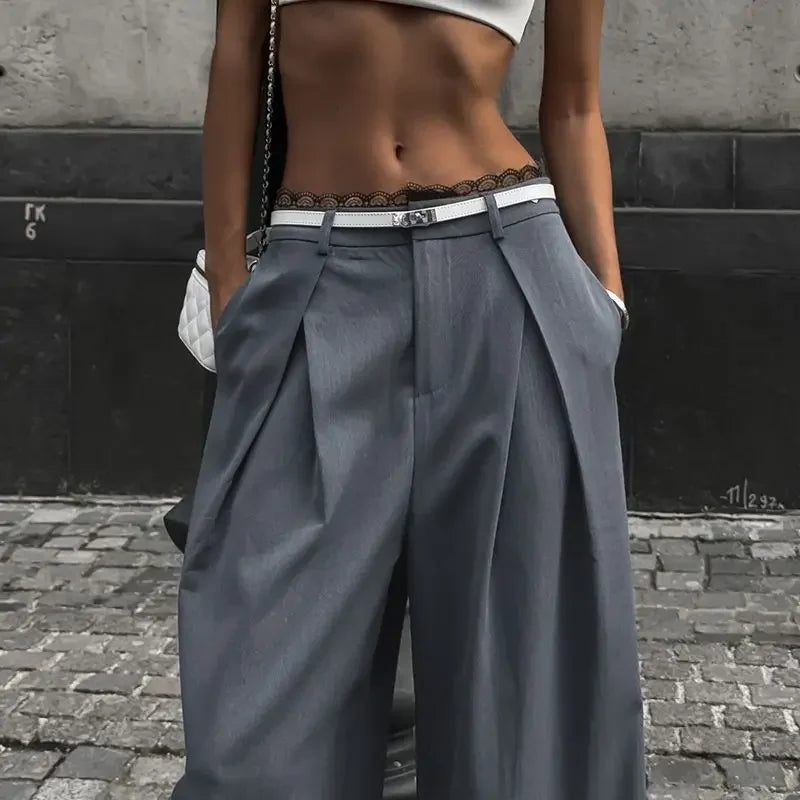 Y2k Lace Patchwork Waist Pants Baggy Korean Office Oversize Trousers Basic Old Money Pantalones