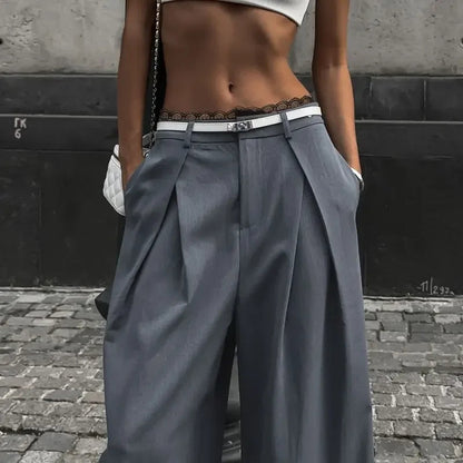 Tavimart - Y2k Lace Patchwork Waist Pants Baggy Korean Oversize Office Trousers