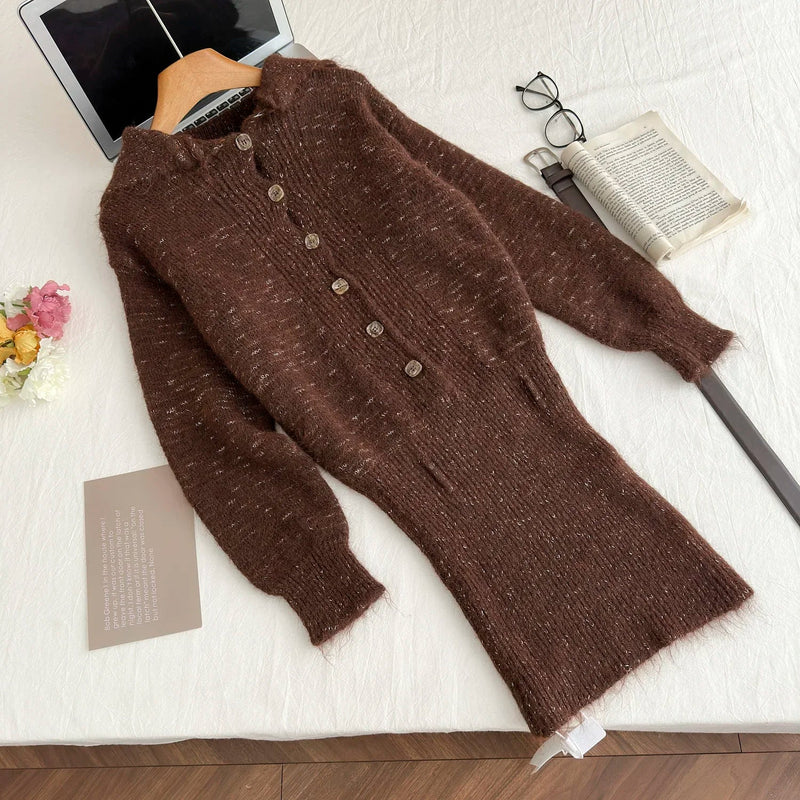 French Sweater Dress Y2k Party Outfits Officce Lady Knitwear One Piece Dress Korean Winter