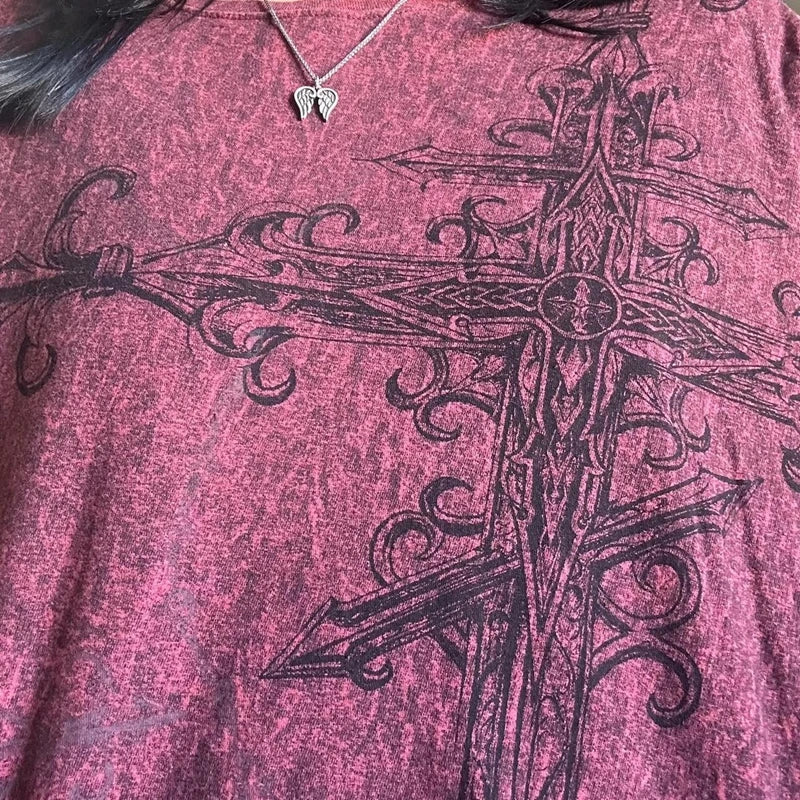 Y2k Grunge Emo T-shirt 2000s Cross Cyber Goth Patchwork Long Sleeve Tees E-girl Gothic Harajuku Loose Tops