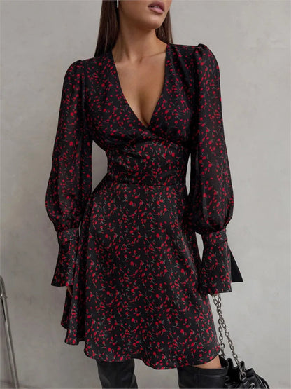 Printed Mini Dresses Deep V Neck Long Sleeve Waist Cinched Aline Vestidos Office Lady Dresses