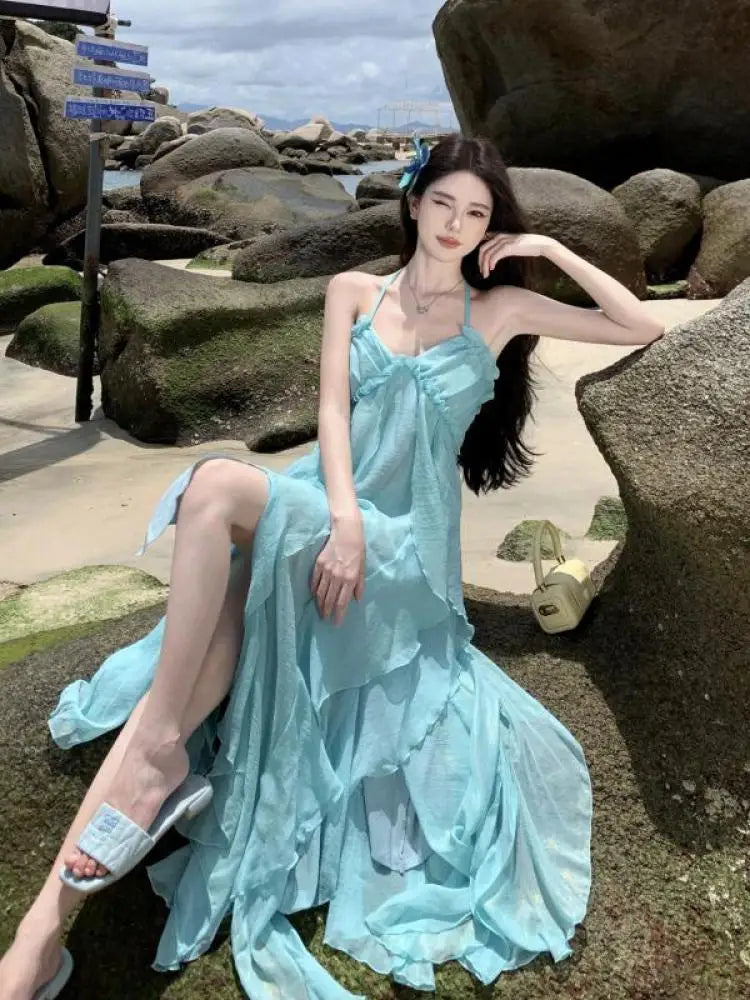 Sky Blue Backless Halter Laceup Long Dresses Spring Summer Off Shoulder Club Ruffles Vacation Pleated Sundress