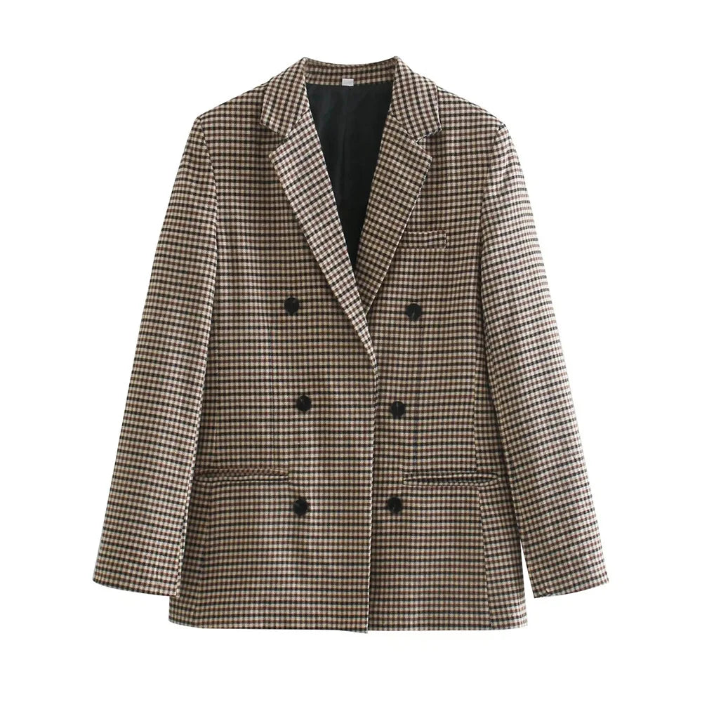 Autumn Plaid Blazer for Office Outfits New in Jacket Double Breasted Coat Oversized Blazer De Mujer