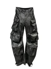 Loose Spliced Pockets Pant for High Waist Patchwoek Zippers Pu Leather Trousers Female Autumn Clothes