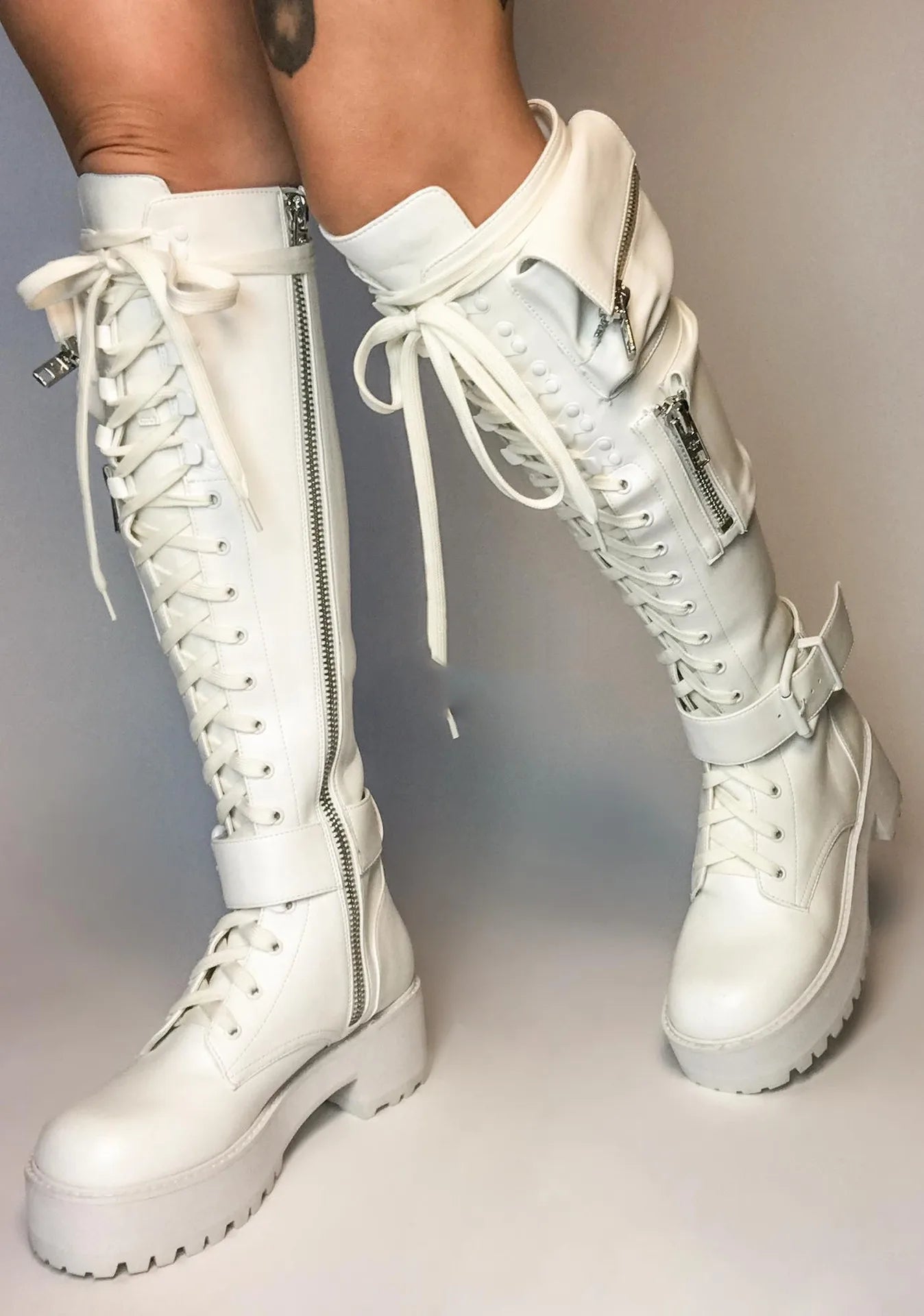 Motorcycle Boots Round Toe Laceup Knee High Heels Side Zipper 39 Big Size Goth Punk Shoes