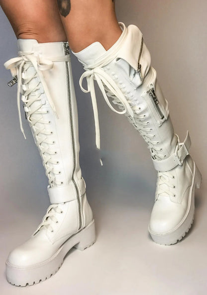 Motorcycle Boots Round Toe Laceup Knee High Heels Side Zipper 39 Big Size Goth Punk Shoes