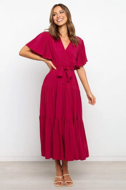 Color Ruffles Long Dresses V-neck Ruffle Sleeves Leace-up Temperament Lady Dress Summer New