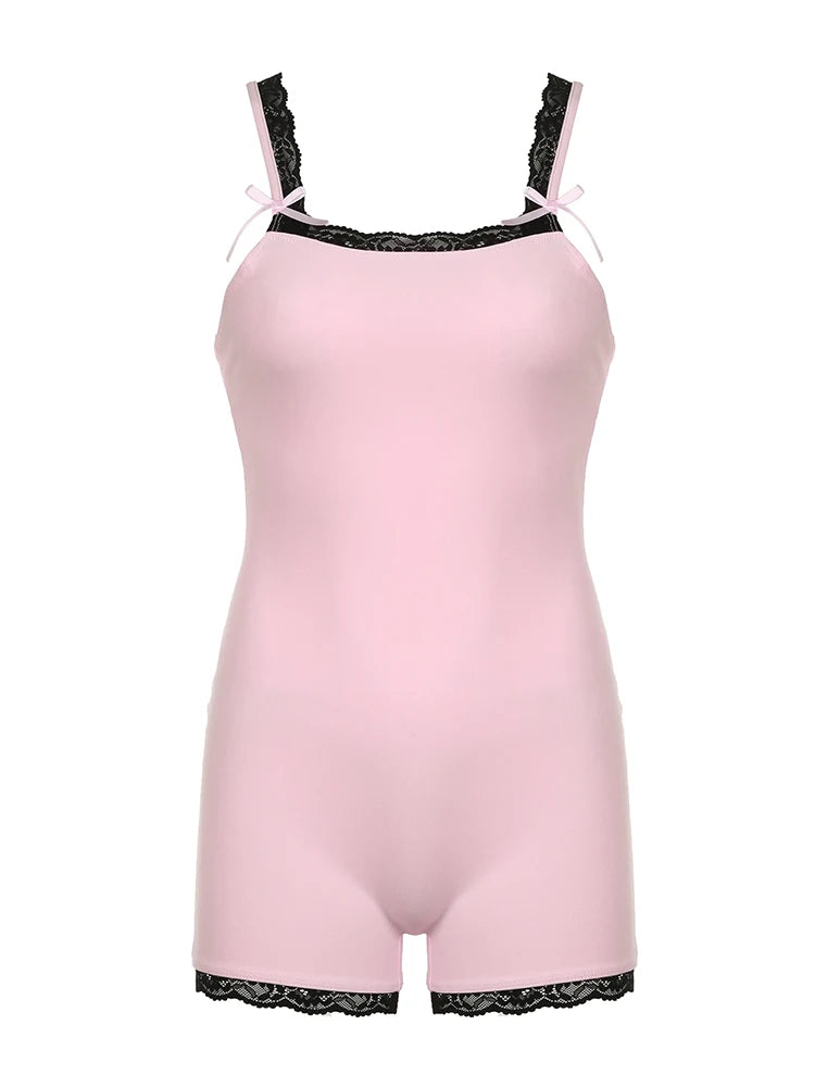 Contrast Lace Patchwork Square Collar Skinny Straps Rompers Playsuits Sweet Y2k Clothing