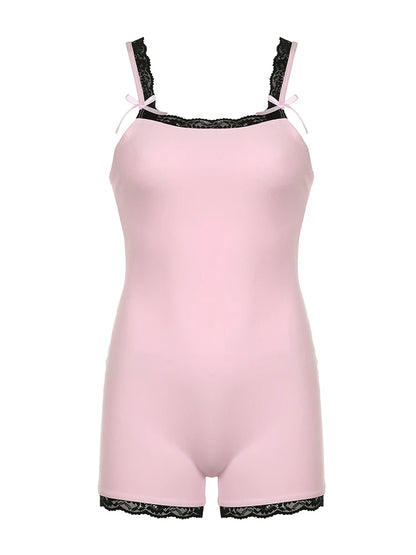 Contrast Lace Patchwork Square Collar Skinny Straps Rompers Playsuits Sweet Y2k Clothing