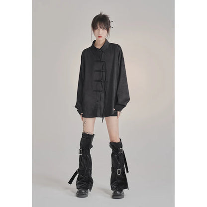 French Elegance Black Blouses Baggy Lapel Collar Korean Lady Sweet Cross Bandage Exquisite Shirts Single Breasted