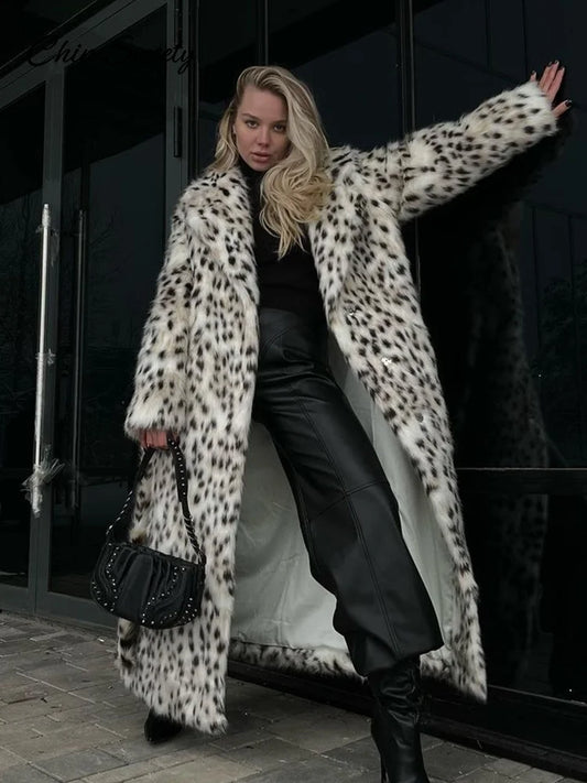Animal Lapel Faux Fur Long Coat Loose Long Sleeve Pocket Lady Overcoats Autumn Winter Warm Street Thick Outwear