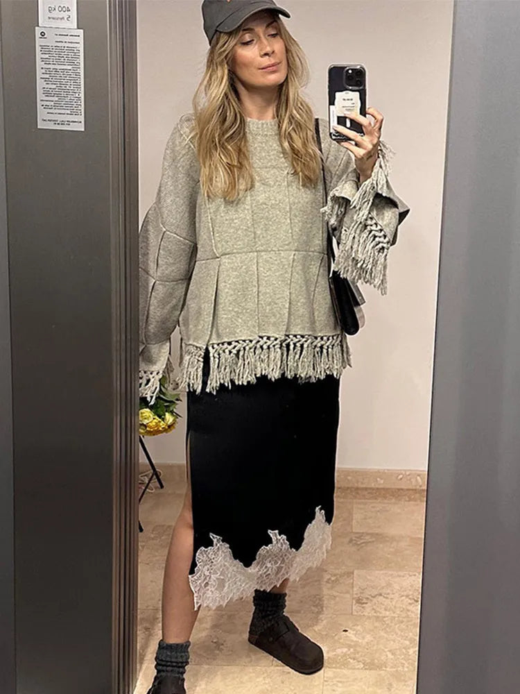 Pleated Tassel Sweaters Loose Knitted Pullover Sweater Female Autumn High Street Tops