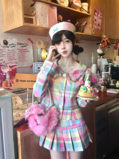 Sweet Rainbow Plaid Skirts Set Autumn New Doll Neck Coat Top High Waist Slim Pleated Short Skirt Two Piece Sets Outfits
