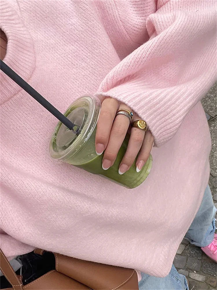 Pink Knitwear Sweater Pullover for Long Sleeve Loose Patchwork Y2k Top Female Knit Pullover New