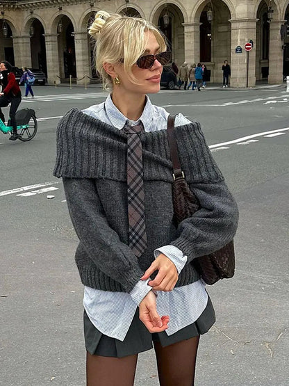 Off Shoulder Cropped Knitted Pullover Slash Neck Long Sleeve Female Sweater Autumn Lady Loose Jumpers Knit