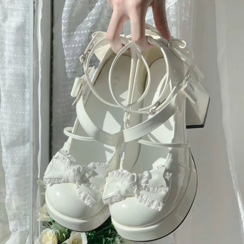Lolita Bow Bow Decor Pumps Platform Chunky High Heels Ankle Strap Sweet Pumps for Girl Shoes