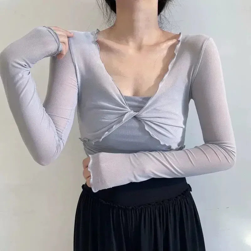 See Through Cardigans Long Sleeve Mesh Lace Up Crop Tops Short Cardigans