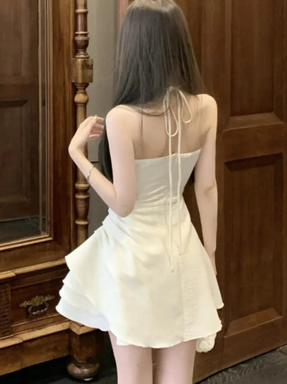 Halter Irregular Jumpsuit Dresses Sweet White Backless Birthday Party Mini Dress Female Pleated Aline Short Vestidos