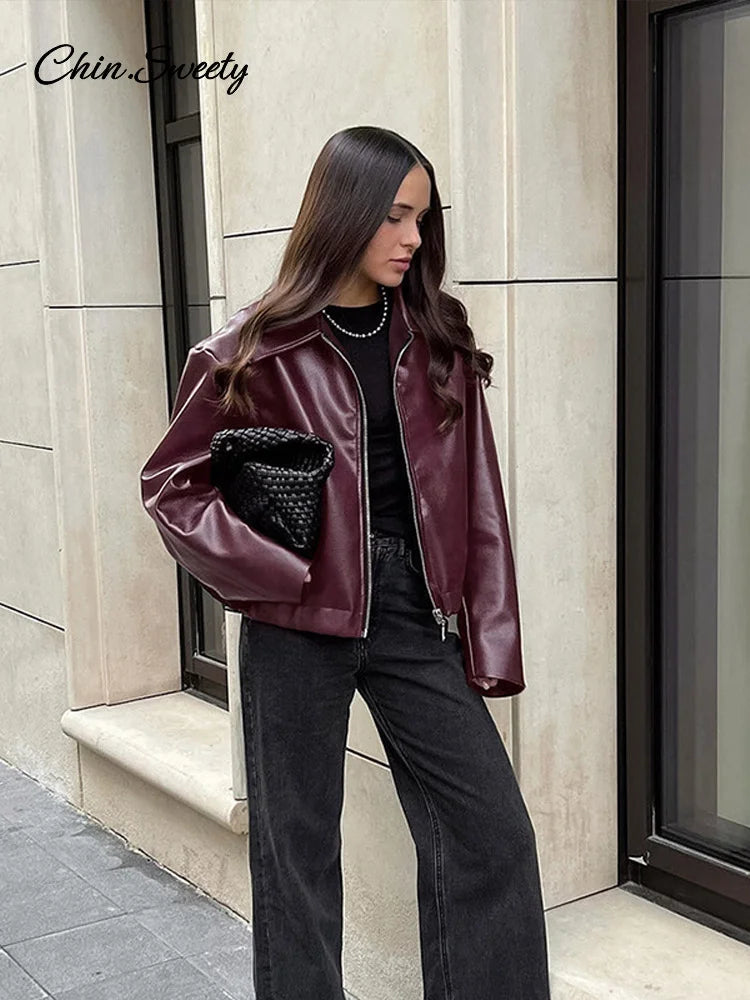 Lapel Leather Bomber Jacket Loose Zipper Long Sleeves Locomotive Coat Autumn New Lady High Street Outerwear