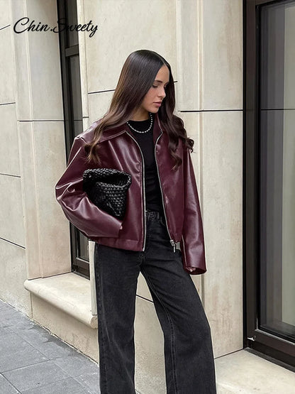 Lapel Leather Bomber Jacket Loose Zipper Long Sleeves Locomotive Coat Autumn New Lady High Street Outerwear