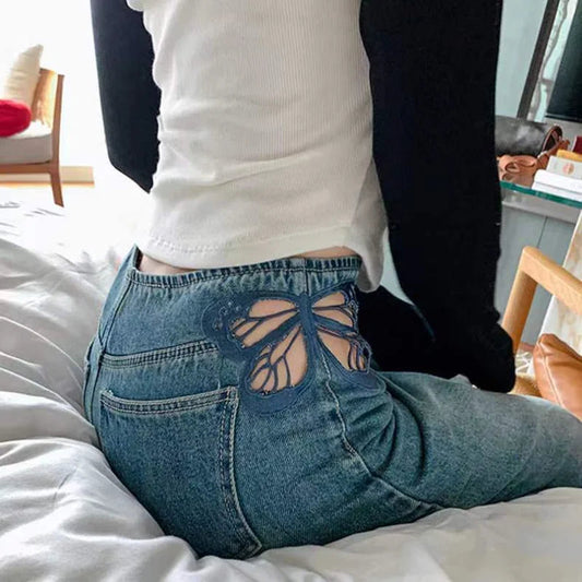 Cutout Butterfly Embroidered Jeans Woman High Waist Baggy Straight Denim Pants Street Denim Trouser