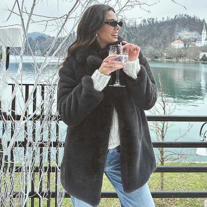Winter Faux Rabbit Fur Coat Brand Designer Thick Warm Outerwear Jacket Fur Collar Classic Dark Gray Overcoat