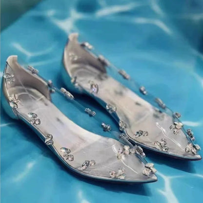 Transparent Rhinestone Pointed Ballet Shoes Design Sense Simple High Heels Silver Design Flats