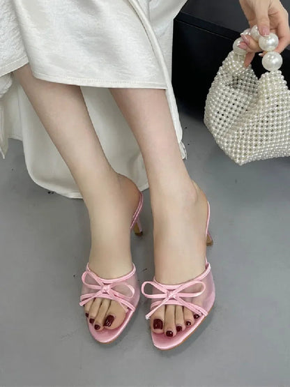 Summer Butterflyknot Breathable Holes Mesh Open Toe Woman Slippers Thin High Heels Party Dress Shoes