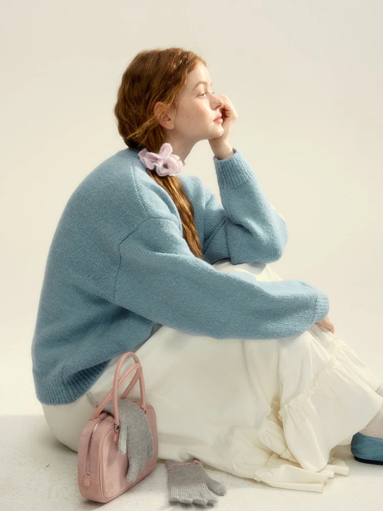 Blue Sheep Pattern Ribbed Sweater Bow Graphic Long Sleeve Knitwear Oversized Korean Winter Cutecore Pullovers