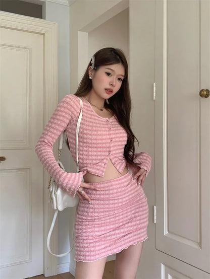 Sweet Hot Girl Pure Suit Autumn Longsleeved Cardigan High Waisted Mini Skirt Twopiece Set Female Clothes