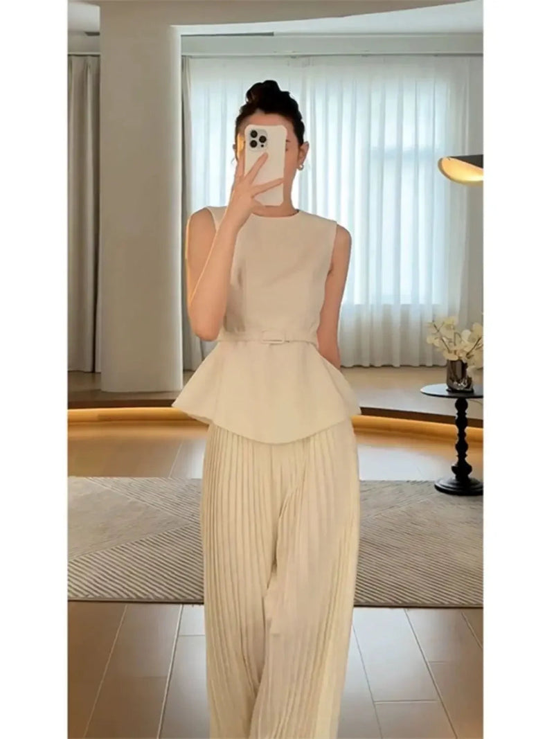 Sleeveless Top Waist Belted Slim Tank Top Pleated Wide Leg Pants Set Commuting Professional Two Piece Set Outfits