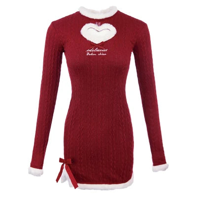 Winter Christmas Knitted Dress Patchwork Kawaii Y2k Sweater Mini Dress Female Dress