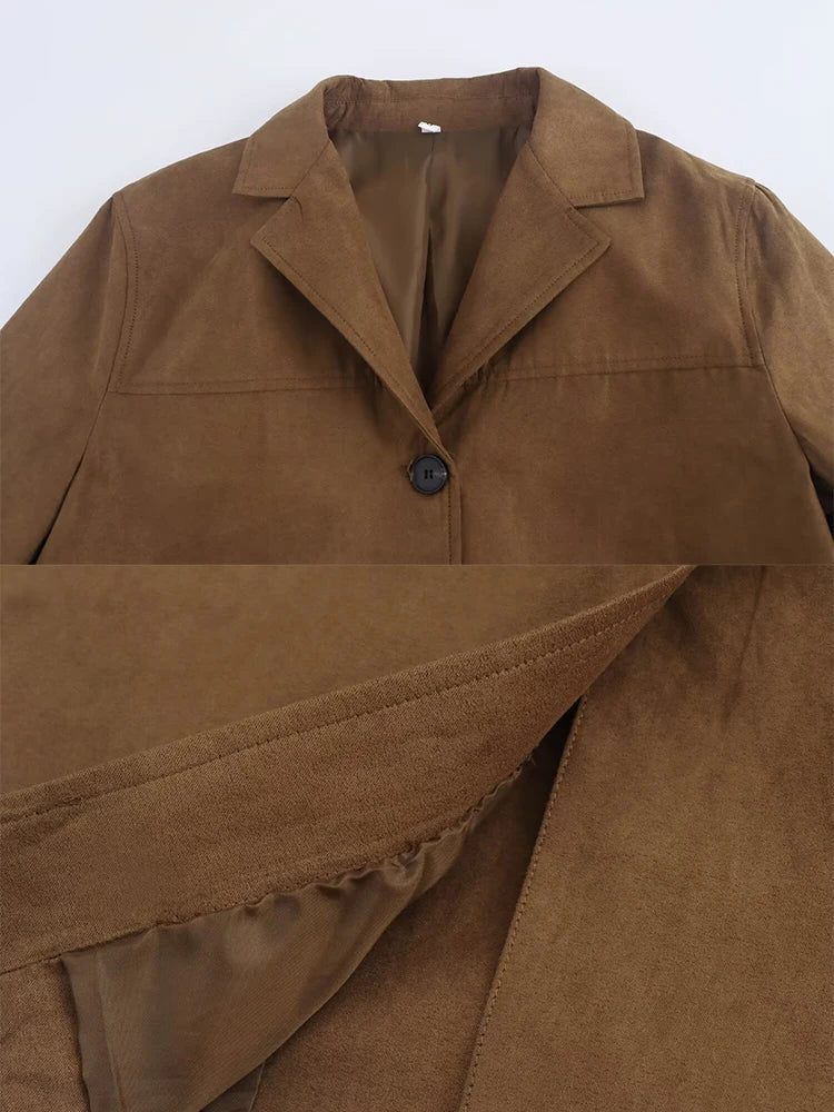 Turn Down Collar Brown Autumn Jacket for Single Breasted Long Coat Jacket Female Winter Jacket Back Slit
