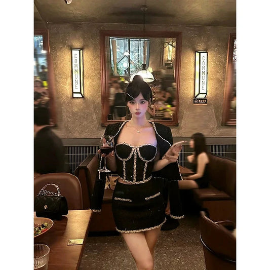 Sweet Hot Girl Retro Suit Autumn/winter Strapless Top Longsleeved Coat Hip Wrap Skirt Threepiece Set Female Clothes