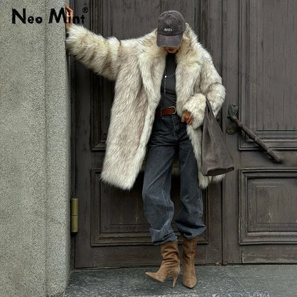 Brand Fluffy Faux Fur Jacket Winter Long Thicken Warm Gradient Fox Fur Coat Furry Overcoat