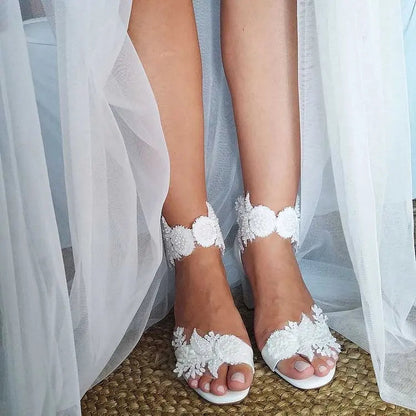 Pearl Lace Ankle Strap Heeled Wedding Sandals in White Open Toe Shallow Block Heels Summer Dress Shoes