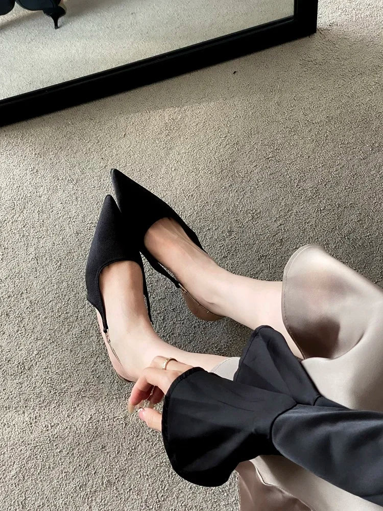 Satin Pointed Toe Mules Pumps Sandals Spring Shallow Thin Low Heels Female Shoes
