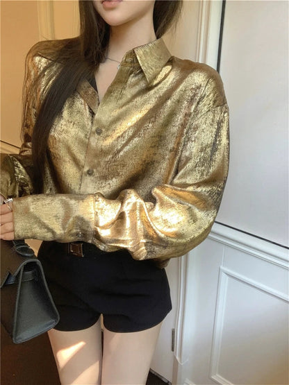 Y2k Golden Color Shirt Female Long Sleeve Blouse Button Up Oversized Spring Autumn Top