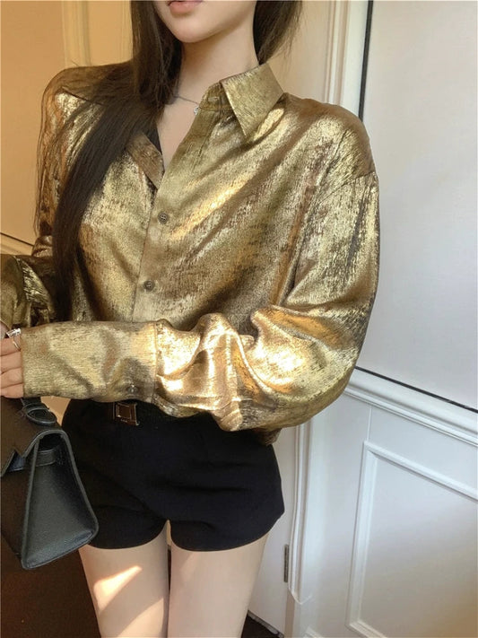 Y2k Golden Color Shirt Female Long Sleeve Blouse Button Up Oversized Spring Autumn Top